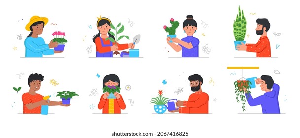 Un grupo de personas preocupadas por las plantas interiores. Hombres y mujeres regan y pulverizan flores en maceta. Los personajes cuidan la naturaleza. Jardinería doméstica. Colección vectorial plana de dibujos animados aislada en fondo blanco