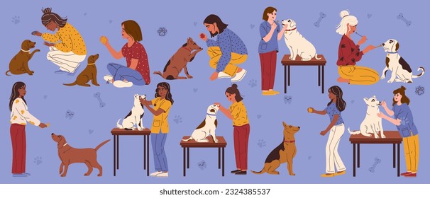 Grupo de personas cuidando de los dientes de los perros. Propietarios y veterinarios. Prevención de enfermedades de la goma. Concepto de cuidado dental de perro. Ilustración del vector