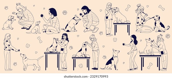 Reihe von Menschen, die sich um die Zähne von Hunden kümmern. Eigentümer und Tierärzte. Gesundheit des Hundes. Konzept der kaninischen Zahnpflege und Hygiene. Vektorgrafik
