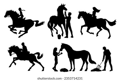Set of people caring for horses black silhouettes flat style, vector illustration isolated on white background. Decorative design elements collection, horse riding and equestrian sport, feeding