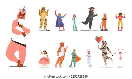 Conjunto de personas con disfraces de carnaval. Personajes masculinos y femeninos, niños y adultos usan Kigurumi Pajamas animal, niños en trajes de superhéroes, ropa teatral para divertirse. Ilustración del vector de dibujos animados