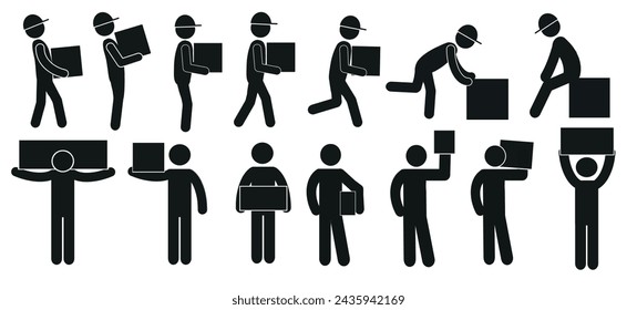  a set of people carrying boxes in various poses, a pictogram of a man with a box, a flat vector illustration