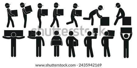  a set of people carrying boxes in various poses, a pictogram of a man with a box, a flat vector illustration