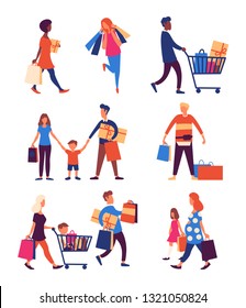 Set of people carrying shopping bags with purchases. Smiling women and man family characters with gift boxes, paper bags. Pleasure of purchase. Seasonal sale at store, shop. People shopping.