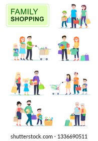 Set of people carrying shopping bags with purchases. Men and women go shopping with their children, sales in stores. Cartoon characters isolated on white background. Flat vector illustration.