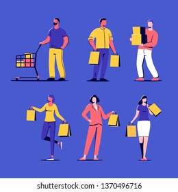 Set of people carrying shopping. Flat characters with bags isolated on blue background. Vector illustration