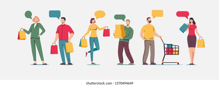 Set of people carrying shopping with speech bubbles. Flat characters with bags isolated on white background. Vector illustration