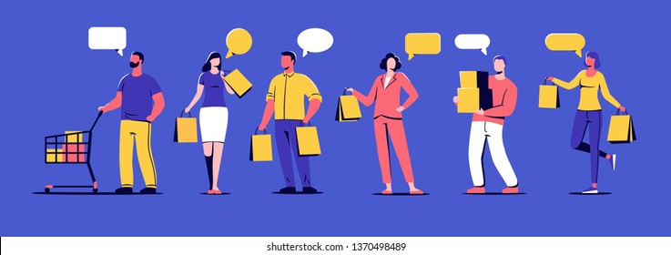 Set of people carrying shopping with speech bubble. Flat characters with bags isolated on blue background. Vector illustration