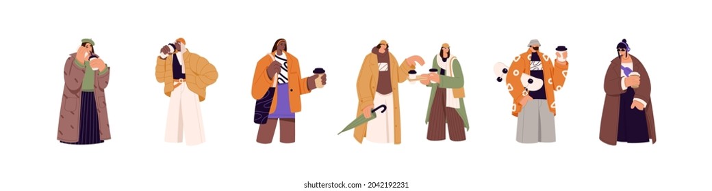 Set of people carrying takeaway coffee cups. Man and woman holding hot drinks in hands. Modern characters with takeout mugs of tea and cappuccino. Flat vector illustration isolated on white background