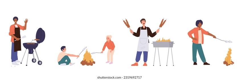 Set of people cartoon character rest during picnic preparing barbeque food frying marshmallows