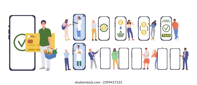 Personajes de dibujos animados usando un smartphone para consulta en línea, llamadas en taxi, compras