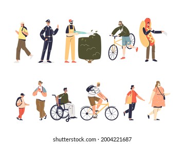 Set of people cartoon characters: adult and kids. on bicycle, pedestrians, on wheelchair, workers in uniform: policeman, promoter, gardener isolated icons collection. Flat vector illustration