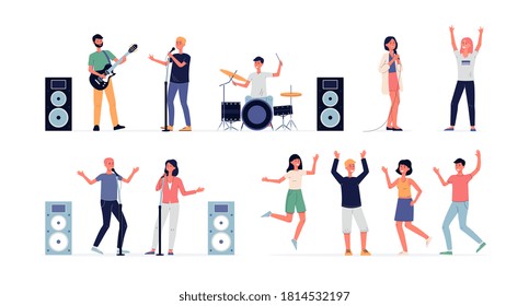 Set of people cartoon characters dancing and singing on concert or party, flat vector illustration isolated on white background. Open air music party characters kit.