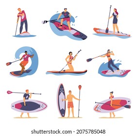 Personajes de dibujos animados practicando el surf de pádel. Hombres y mujeres portando tableros y rejas, ilustración vectorial plana aislada en fondo blanco.