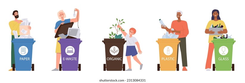 Set of people cartoon characters separating garbage, sorting waste and throwing out rubbish