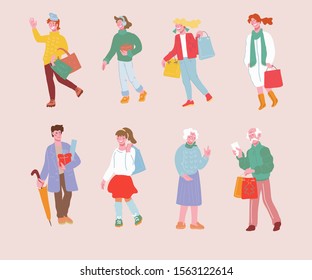 Set of people cartoon characters shopping for Christmas Holidays. Men and women carrying shopping bags with Xmas and New Year presents and purchases. Flat vector illustrations isolated.