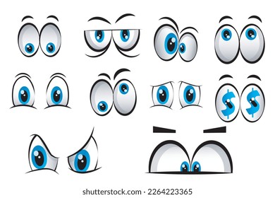 grupo de personas dibujando ojos de caricatura que representan una variedad de expresiones con ira, tristeza, sorpresa y felicidad con iris azules, ilustración vectorial en blanco