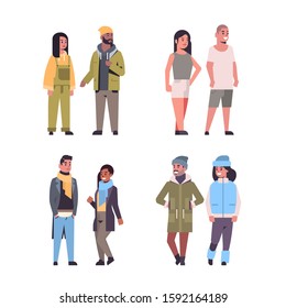 set people in casual clothes standing pose mix race guys and girls pairs wearing seasonal clothes flat full length vector illustration