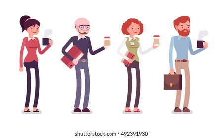 Set of people in a casual wear with coffee, folder, bag, mug. Cartoon vector flat-style illustration