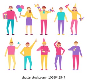 Set of people celebrating birthday party, men with festive flags, gift boxes, drinking champagne and eating cake, women with balloons, dancing in fest caps