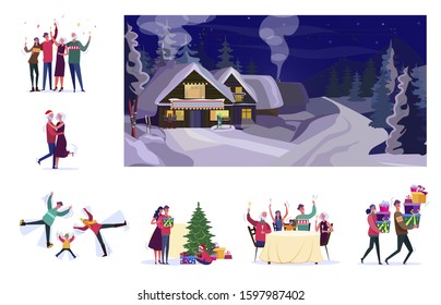 Set of people celebrating Christmas. Flat vector illustrations of people cheering, dancing, presenting gifts. New Year and Christmas concept for banner, website design or landing web page