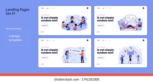 Set of people celebrating and consulting. Flat vector illustrations of men and women dancing, playing, winning. Lifestyle and self-care concept for banner, website design or landing web page