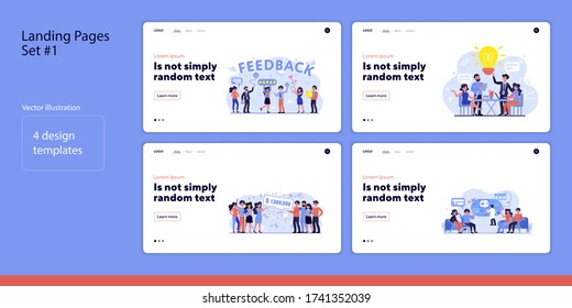 Set of people celebrating and discussing. Flat vector illustrations of men and women acting together. Online technology and cooperation concept for banner, website design or landing web page