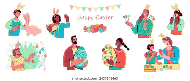 Set of people celebrating Easter. Children, family, man, woman hunt for Easter eggs, decorate branches, paint eggs, feed rabbit, have fun and prepare for the holiday. Happy Easter. Flat vector isolate