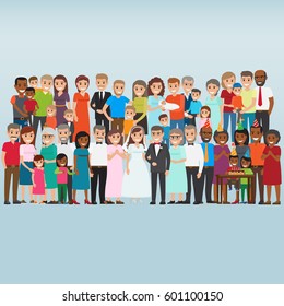 Set of people celebrating family holidays. Newlyweds with parents-in-law, kids birthday party friends, happy parents with newborn flat vectors. Big collection of relatives and friends illustration