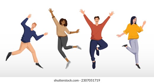 Set of people celebrating goal achievement. happiness, freedom, motion and diversity concept