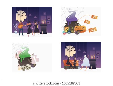 Set of people celebrating Halloween in costume. Flat vector illustrations of cauldron, pumpkin, party, scary. Halloween holiday concept for banner, website design or landing web page