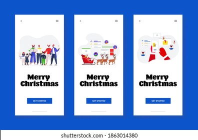set people celebrating happy new year merry christmas holidays coronavirus quarantine concept smartphone screens collection horizontal vector illustration