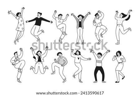 Set of people celebrating illustrations. Collection with happy jumping men and women celebrating an event or ceremony. Contour, thin line. Vector linear doodle illustration