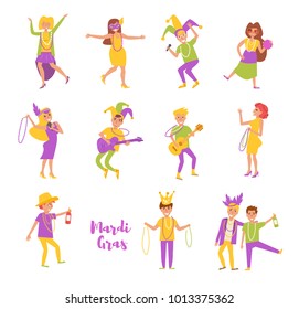 Set with people celebrating Mardi Gras. Vector. Cartoon. Isolated art on white background. Flat