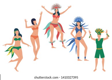 Set of people celebrating national Brazil holiday. Flat cartoon characters dancing in feather costumes. Vector illustration for promo, advertisement, cultural project