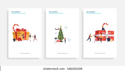 Set of people celebrating New Year. Flat vector illustrations of friends dancing near big gift boxes and decorating spruce. New Year or Christmas concept for banner, website design or landing web page