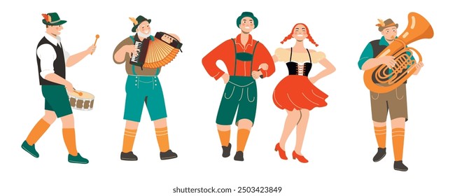 Conjunto de personas que celebran el Oktoberfest.Músicos con un acordeón, tuba, tambor y una pareja de baile.Personajes divertidos en trajes bávaros.Diseños de Vector en color plano aislado sobre fondo blanco.