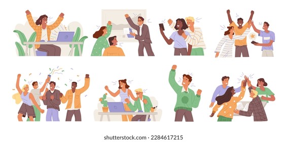 Set of people celebrating success or goal achievement. Happy team or group of friends with hands up isolated on white background. Concept of victory and win. Teamworking persons rejoice in luck