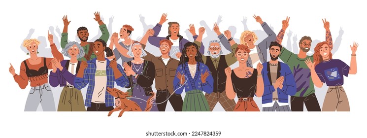 Set of people celebrating win or goal achievement. Happy team or group of friends with hands up isolated on white background. Concept of victory and success. Cheering and Ovation. Cheerful characters