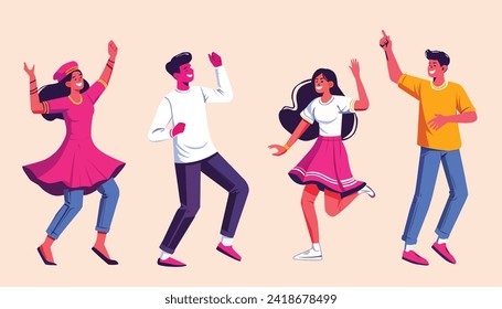 Set of people celebrating win or goal achievement. Happy team or group of friends with hands up. Concept of victory and success. Vector illustration 