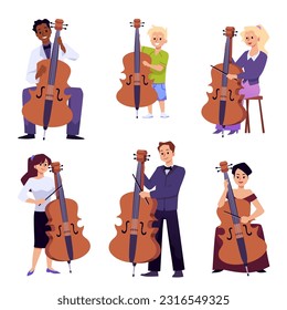 Set of people with cello flat style, vector illustration isolated on white background. Kids and adults, education and profession, big musical instrument, design elements collection