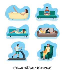 Set of people character stay home, relax house, concept isolated on white, flat vector illustration. Person male, female resting. Sport training, household relaxation, read book take bathroom.
