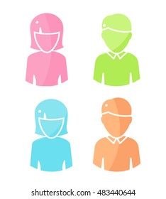 Set of people characters avatar vectors in flat design. Female and male color icons. Illustrations for identity in Internet, concepts, app pictograms, infographic. Isolated on white background. 