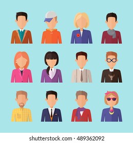 Set of people characters avatar vectors in flat design. Female and male portrait icons. Illustrations for identity in Internet, concepts, app pictograms, infographic. Isolated on blue background. 