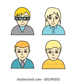Set of people characters avatar vectors in flat design. Female and male portrait icons. Illustrations for identity in Internet, concepts, app pictograms, infographic. Isolated on white background. 