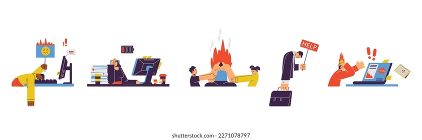 Set of people characters burnout from overwork and chores, cartoon flat vector illustration isolated on white background. Burnout and stress caused by overwork.