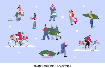 Set of people characters buying presents during christmas sale, having winter fun. Flat vector illustration