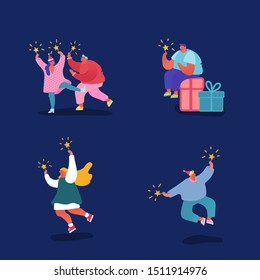 Set of people characters, celebrating Christmas and Happy New Year. Men and women with fireworks on party, winter holidays. Vector illustration for postcard, poster, invitation