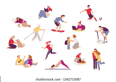 Set of people characters in different poses.Sport  activities set. Sport enthusiasts, athletes , amateur sportspersons doing sport exercises . Athletic Training and Sports Health Care. 