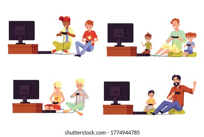 Set of people characters - friends and family members playing video games using TV play station console at home, vector illustration isolated on white background.